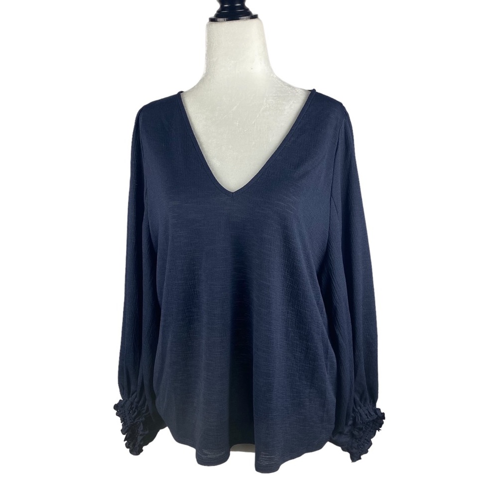 Banana Republic Women's Navy V Neck Blouse with Balloon Sleeves - Size M